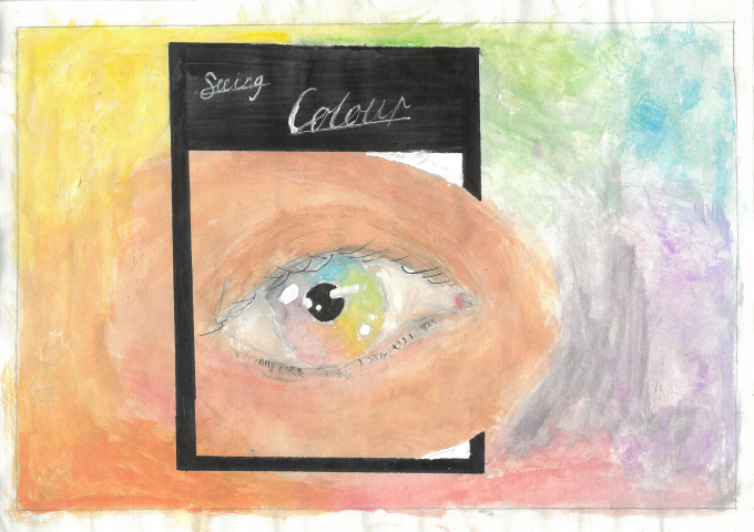 Watercolour image of an eye with a rainbow of colours around it.  The eye is framed in a black box with the words 'seeing colour' in the frame.
