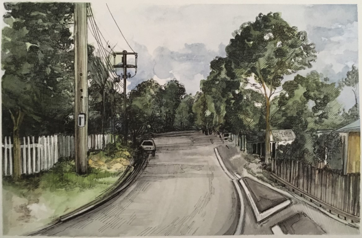 A serene watercolor painting of a street adorned with a fence and trees, capturing the beauty of nature and urban scenery.