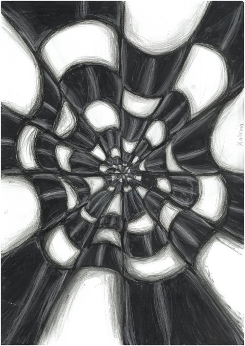 Optical artwork in black and white, giving a sense of movement and pattern. Resembles a spider web.