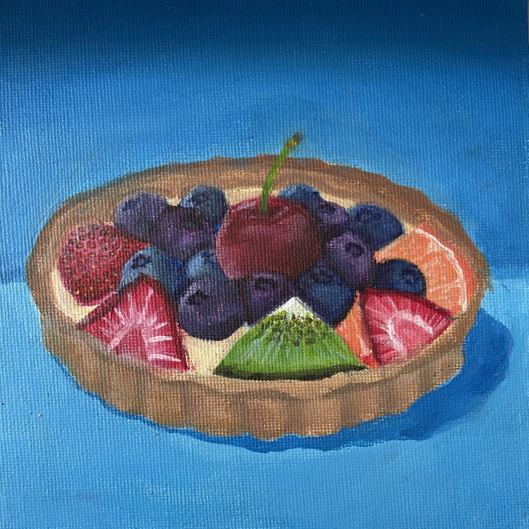 Student painting of A delicious fruit tart on a blue background, tempting with its colorful fruits and mouthwatering crust. Fruits include strawberries, kiwi, orange and blueberries.