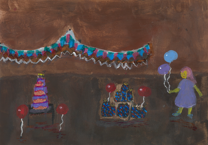Students painting of a birthday with a girl smiling holding a blue balloon surrounded by presents and a large pink birthday cake.