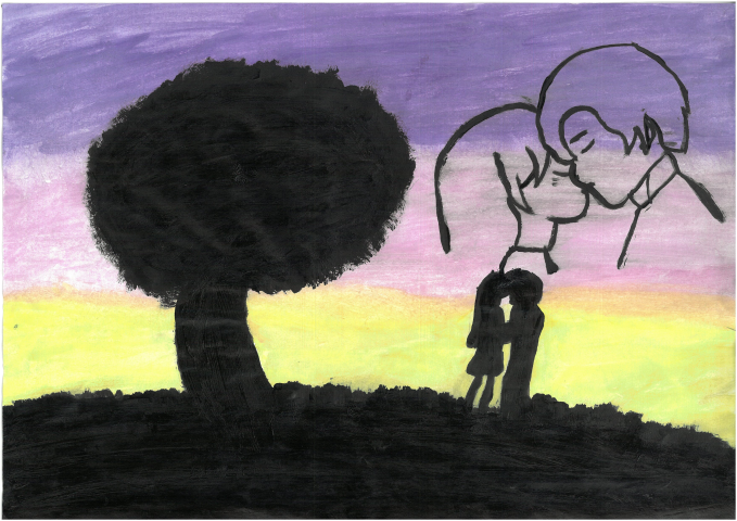 Painting of a black shadow of a couple standing together cuddling next to a tree.  Above is a close up of their faces kissing.  Background is a wash of pink, purple and yellow.