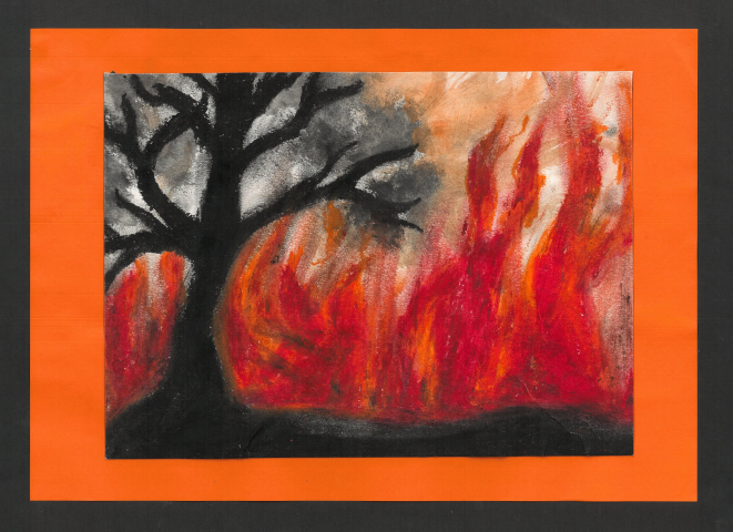 An intense painting featuring a tree set against a backdrop of blazing flames