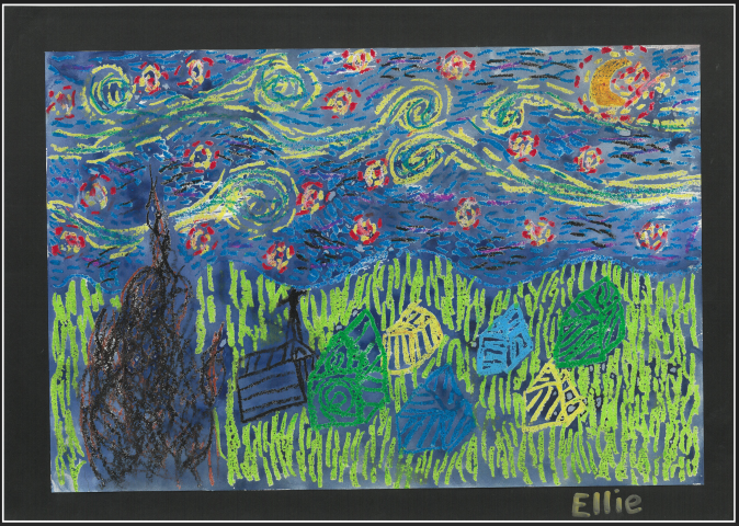 Student artwork inspired by Van Gogh's artwork of same night. Featuring a swirling sky and wonky houses