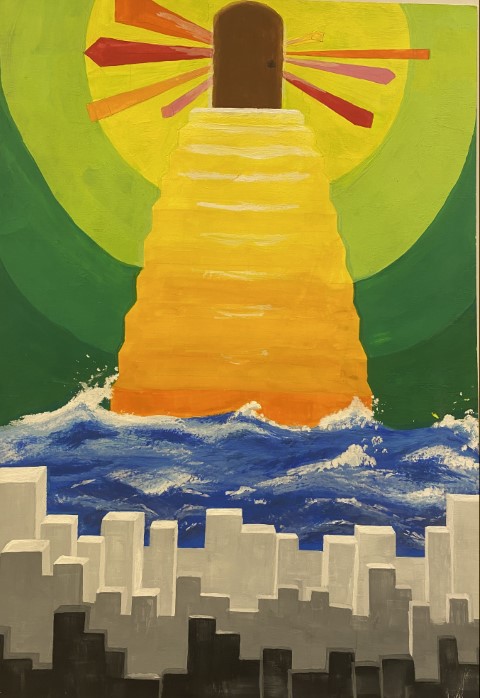 Student artwork with black and grey block structures in the foreground. There is a bright blue ocean with waves in the mid ground of the artwork with a set of golden stairs emerging from the water leading to a brown door at the top of the stairs. The brown door is illuminated in a gold halo with burst of pink, red and orange colours. Tonal shades of green illuminate the halo in a ripple effect.