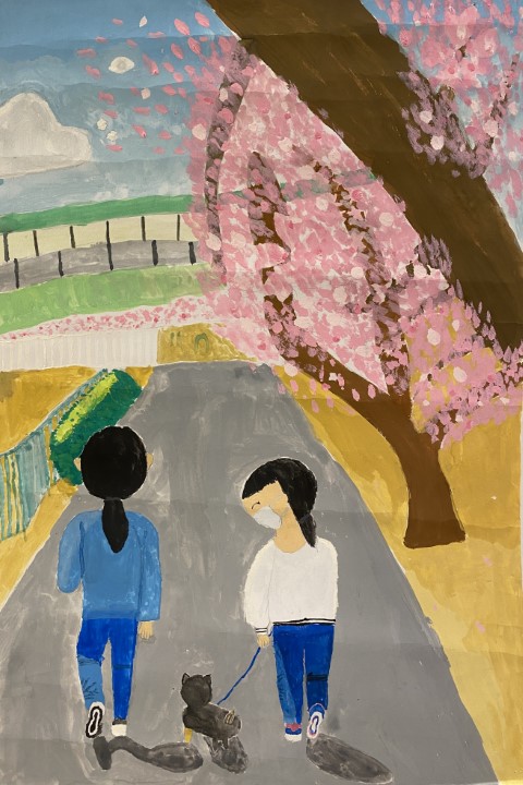 Student artwork of two people dressed in blue jeans and a shirt walking on a path with a black dog on a lead. There is a large cherry blossom tree in full bloom on the side on the path. The cherry blossom has pink flowers, the sky is blue.