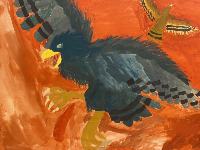 Student artwork with a warm red and orange painterly background with a large grey, black and blue peregrine falcon  (hayabusa) swooping in the foreground. A smaller brown falcon is flying behind the bird to the right. 