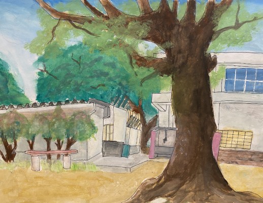 Student artwork with a tree with a large brown trunk standing tall at the front with light green leaves. Nestled among emerald green trees are two school buildings drawn with pen, and highlighted with watercolour paints. The ground surrounding the school is mustard yellow. 