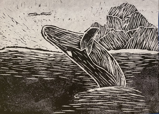 Student artwork depticting a black and white lino print of a whale breeching from the sea. Tall mountains feature in the background of the image. 