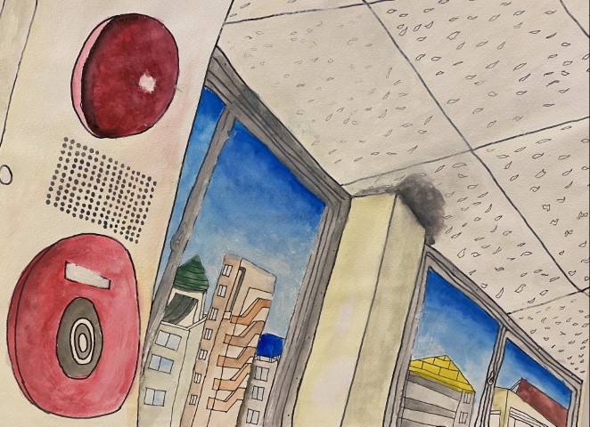line drawing of inside of a classroom looking out to the city outside.  On the left predominant in the painting is the school pager with large red buttons.