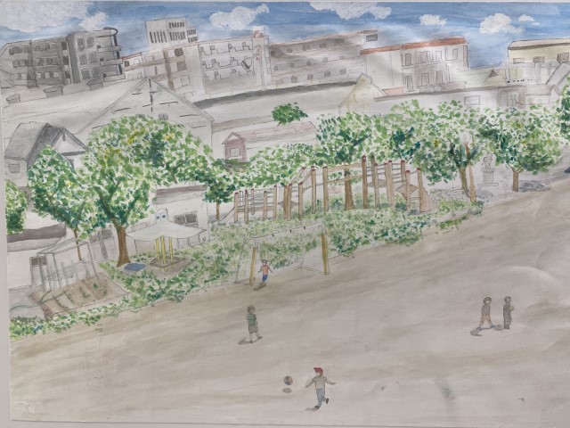 Watercolour and pen drawing of a school playground with the school in the background.  On the playground students are playing soccer and surrounding the soccer field there are lots of trees with play equipment in the shade of the trees.