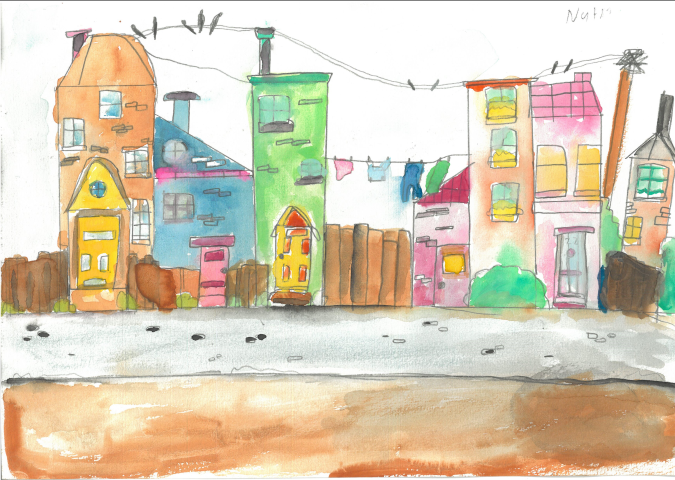 Student artwork of a colourful suburban street showing houses of different shapes and sizes with the power lines running across the roof tops