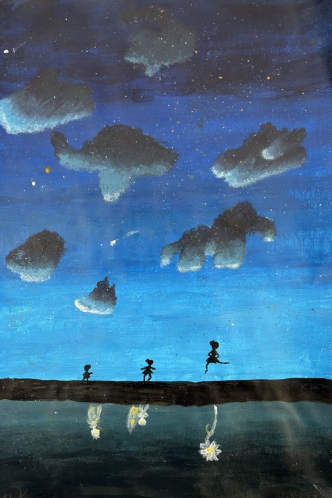 Student artwork of a starry night with 3 people walking along a path. The reflection of the people shares a glimpse of what each person believes is true.