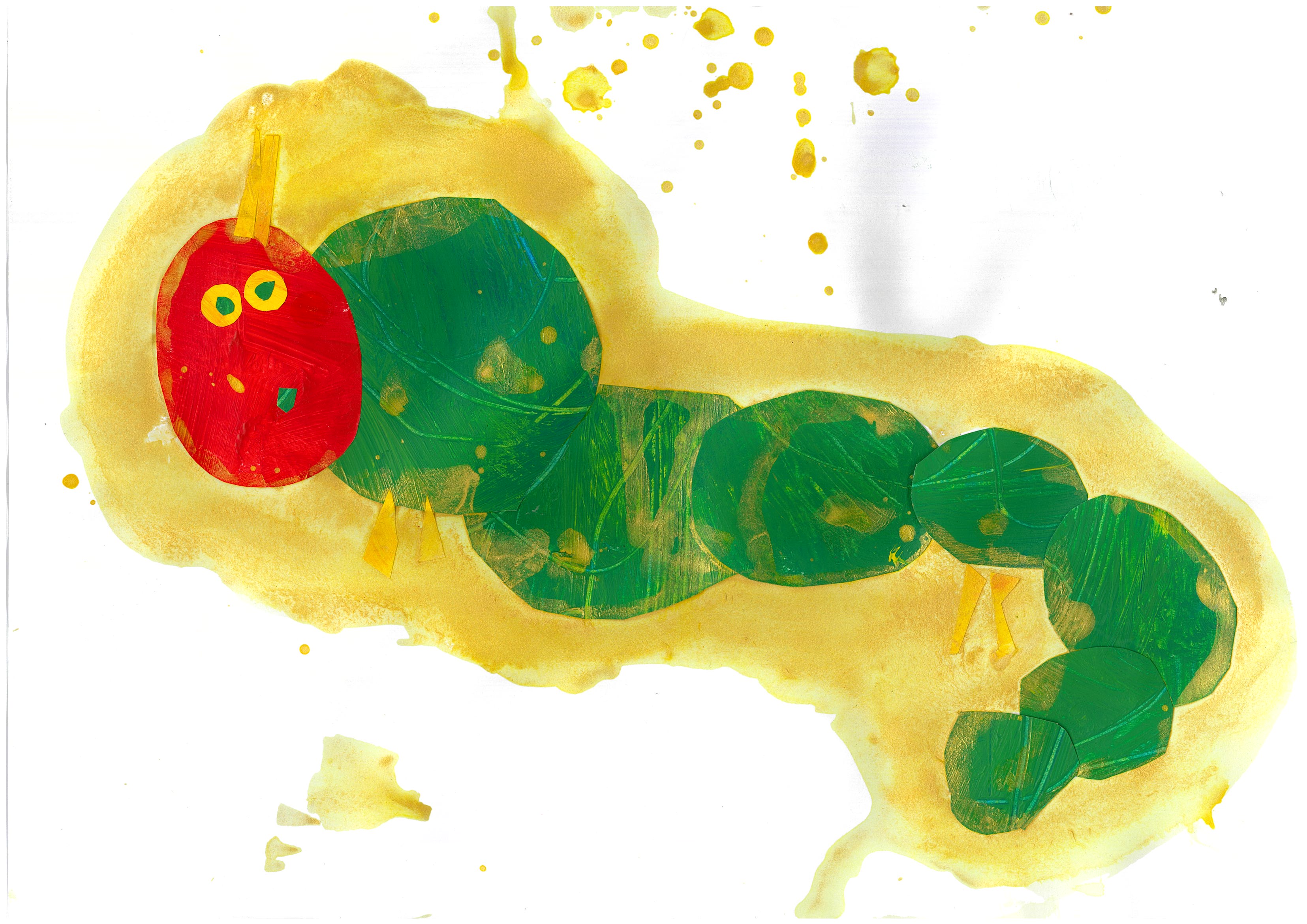 a student artwork of a hungry caterpillar with a green body and a red head.