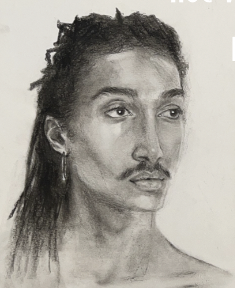 Charcoal portrait drawing of a man with dreadlocks in profile