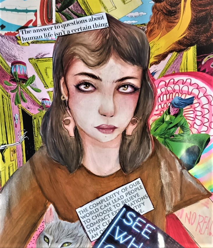 Expressive Self portrait of a young woman holding her cat.  In text there is written 'the answer to questions about human life isn't a certain thing'.  She is surrounded by abstract images.