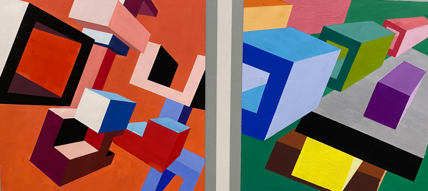 Two paintings of colorful cubes exhibited side by side.  The left side is predominately hues of red and orange, the right side is multicolour