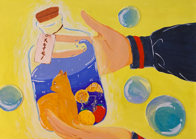 A painting of 2 hands holding a bottle with a small cat painted on the bottle, set against a bright yellow background with blue bubbles.