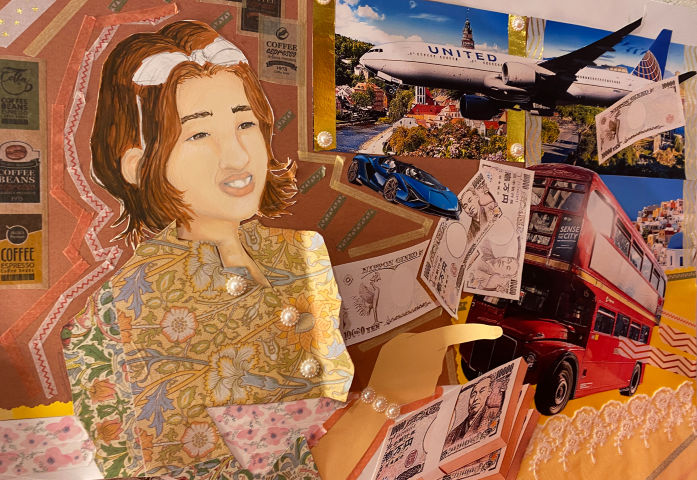 collage artwork of a girl surrounded by items she looks forward to in her future,   Travel, money, coffee, fancy blue car, red big bus