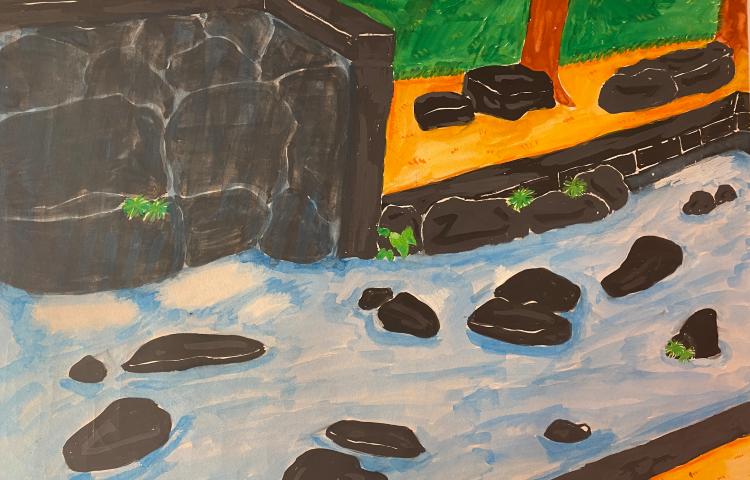 An art piece showcasing a blue stream surrounded by black rocks.  In the top right hand corner is the river bank.
