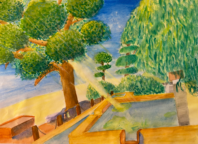 Painting of a park with large green trees.  The painting shows the shaded area under the trees