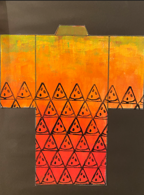 A painting showing a flat kimono shape with a gradient from yellow to red, top to bottom. A repeated pattern of line-art triangular watermelon wedges covers the bottom two-thirds