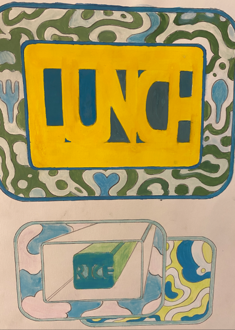 A painting showing three rounded rectangles, each with a decoative border. The top rectangle shows the word "LUNCH" in yellow block writing and the bottom rectangle shows the word "RICE" in blue block writing.
