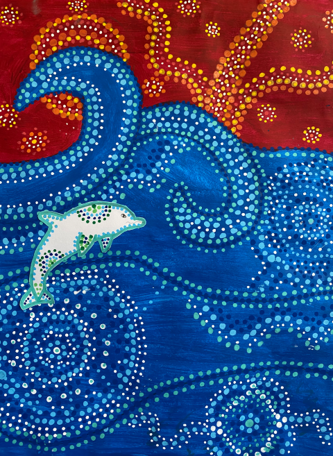 Vivid artwork depicting the land and sea with a dolphin in the sea.