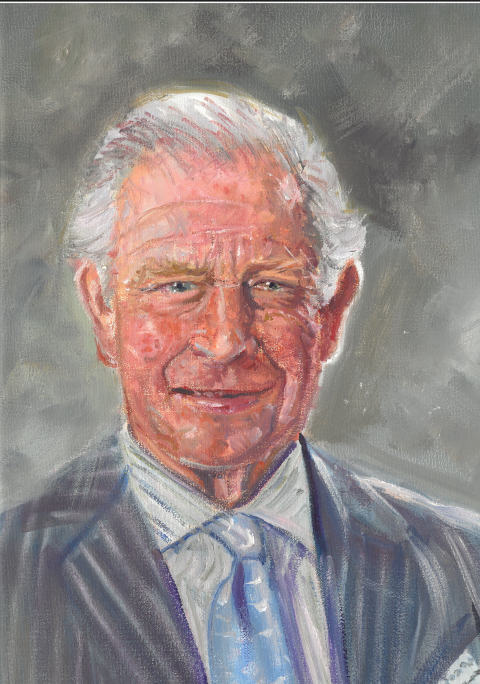 Portrait painting of King Charles wearing a grey suit and blue tie.