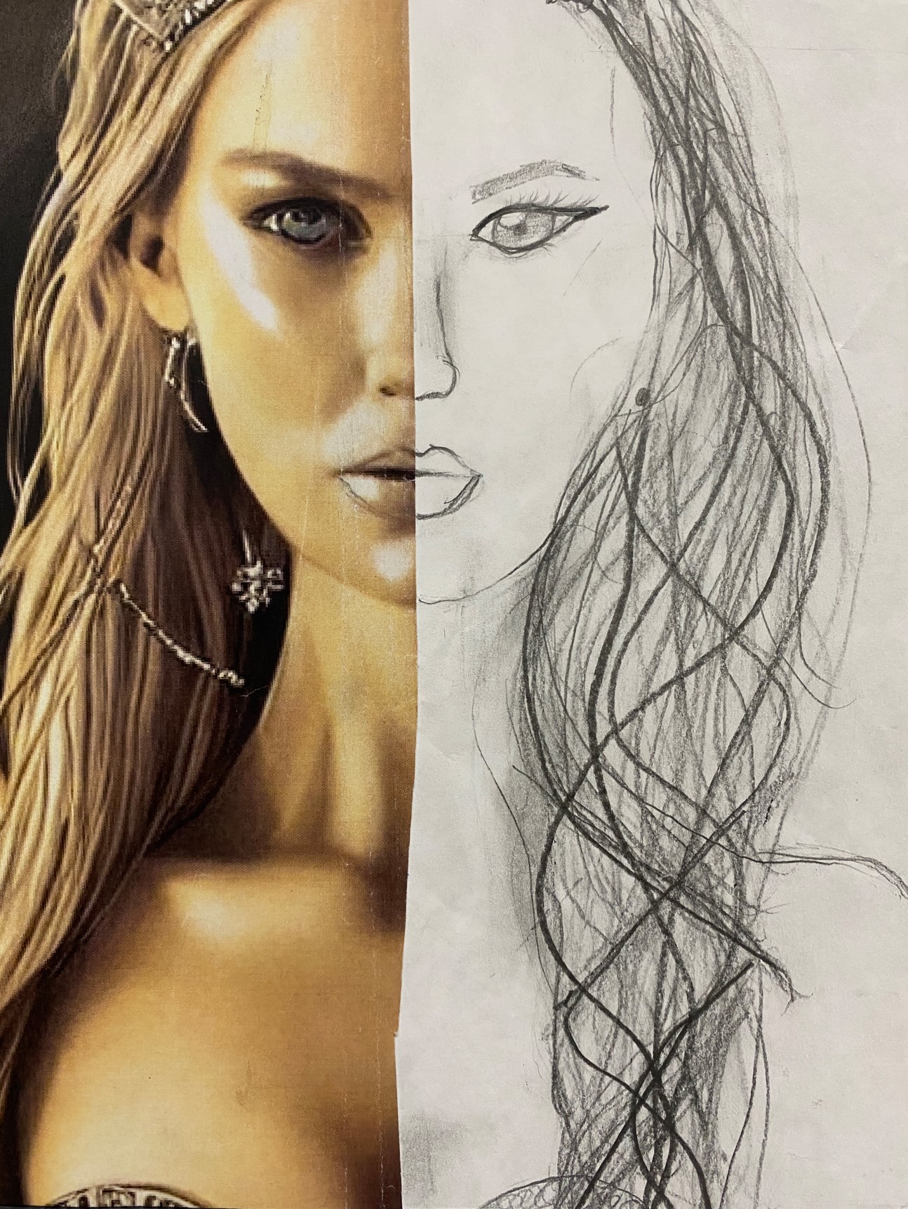 artwork depicting Jennifer Hawkins using half a photo of her and then pencil drawing of other half of her face.