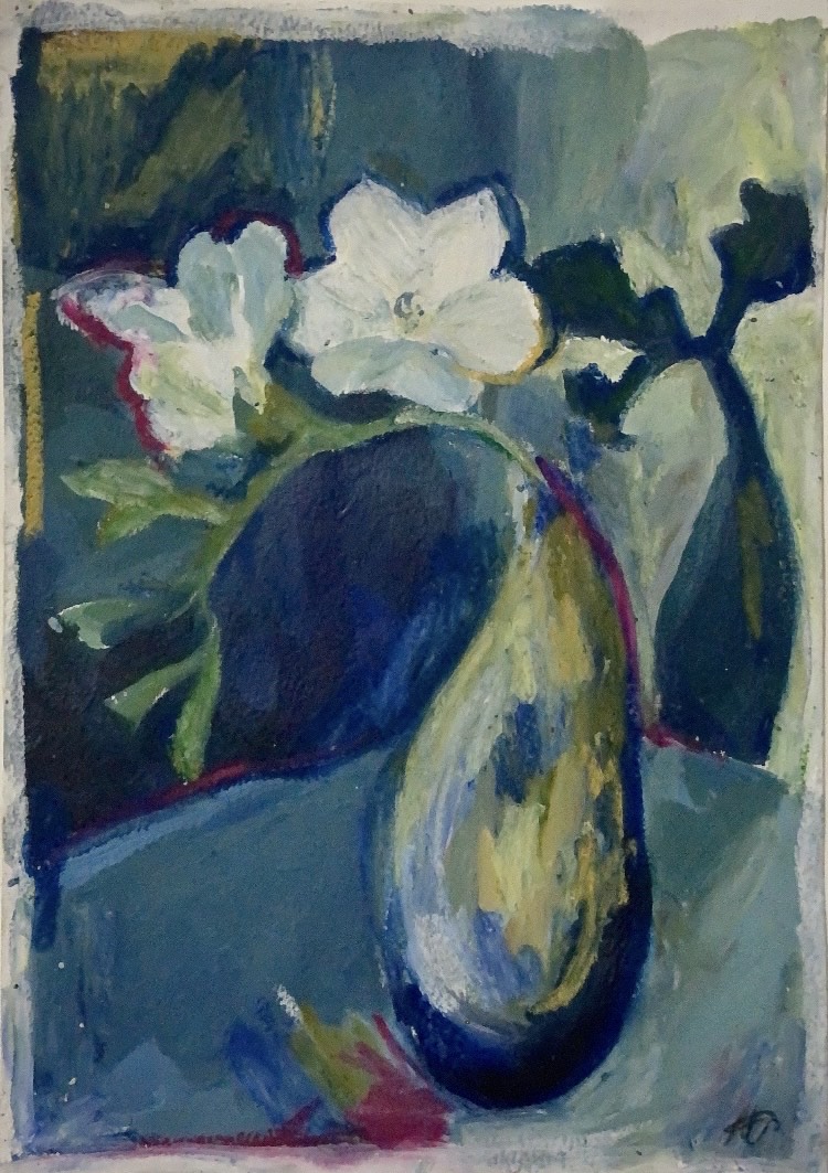 Painting of 2 white freesia in a vase with a blue hued background