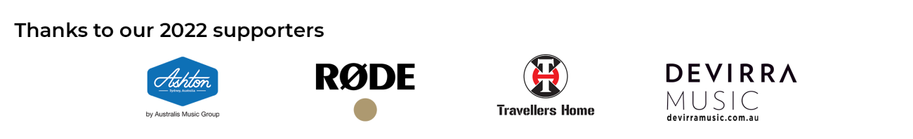 Logos for the companies Ashton, Rode, Travellers Home and Devirra Music