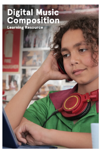 A student wearing headphones around their neck, looking at a computer. Title: Digital Music Composition Learning Resource