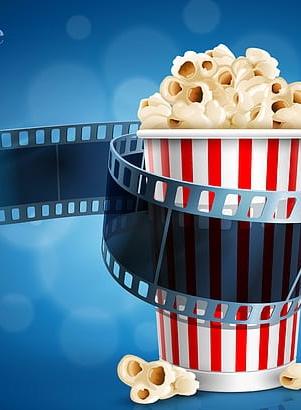 A graphic of a cup of popcorn with a movie film wrapping around it