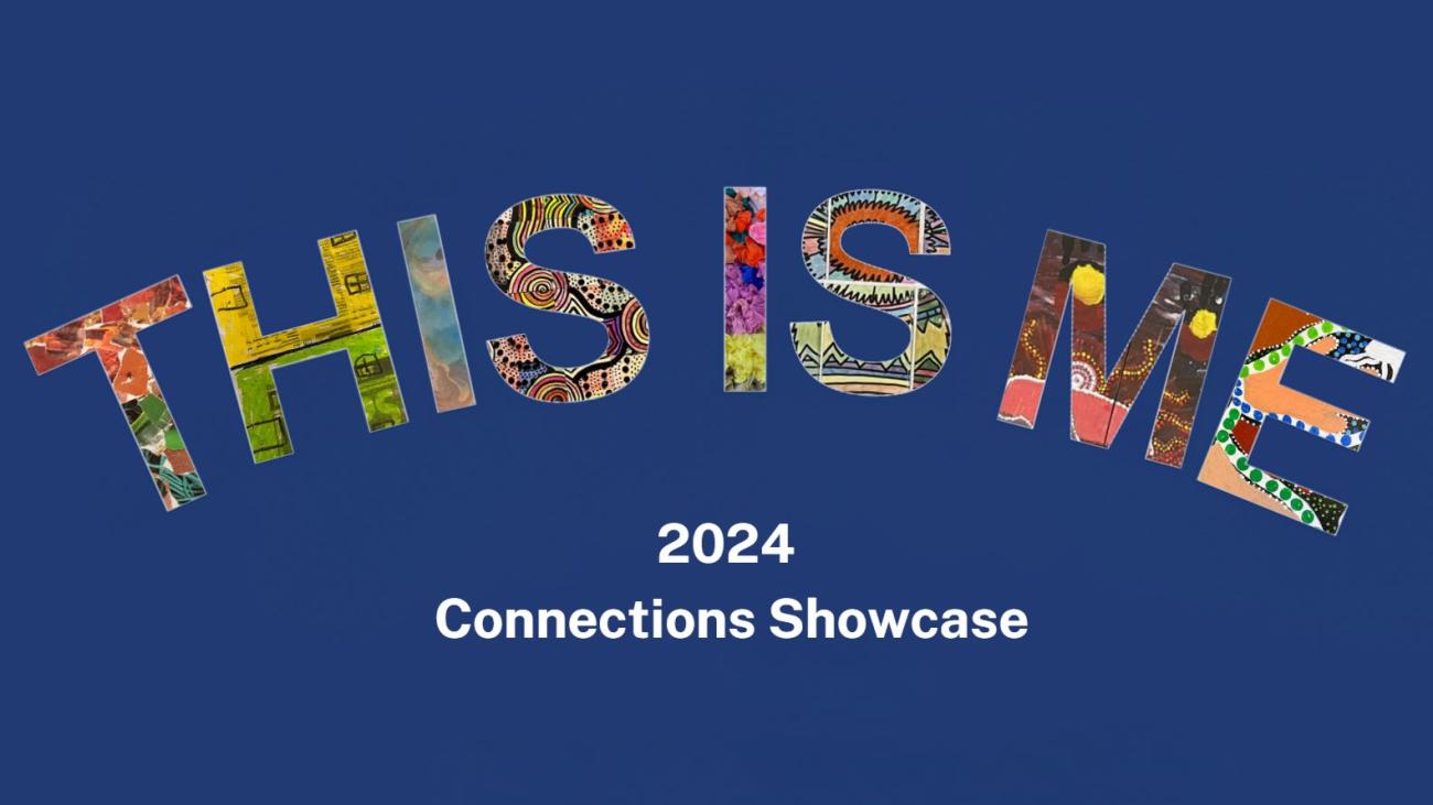 This is me 2024 Connections showcase - rainbow text on blue background