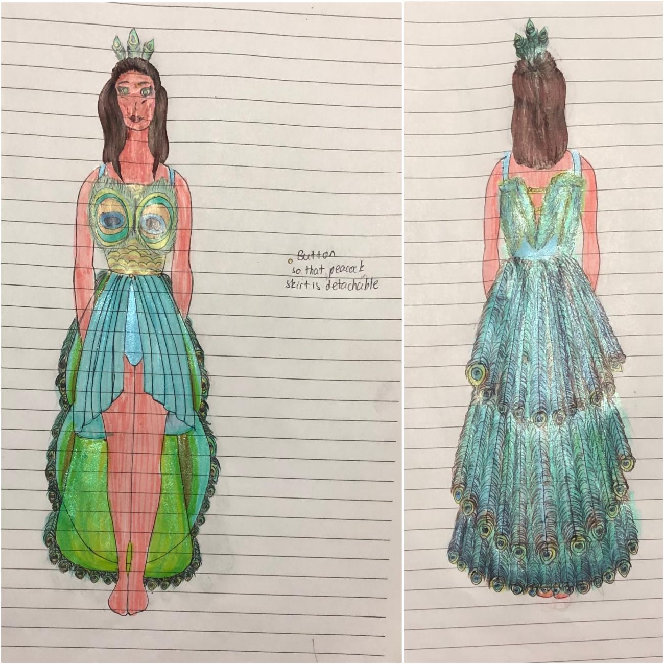 Two illustrations of a peacock-inspired dress