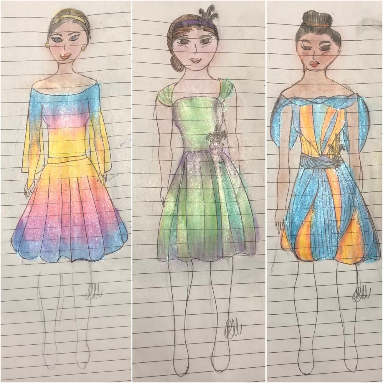 Three illustrations of colourful dresses