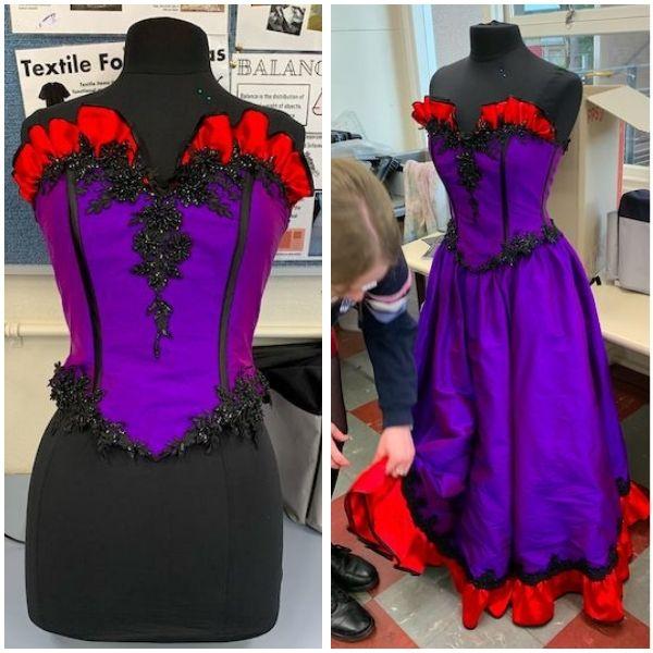 Two views of a purple can can dress with red, ruffles