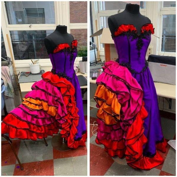Two views of a purple can can dress with red, orange and pink ruffles