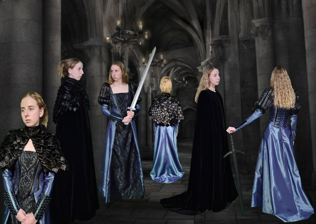 Six different combinations of five garments including a black velvet cloak, satin cape, bodice, skirt and gauntlets