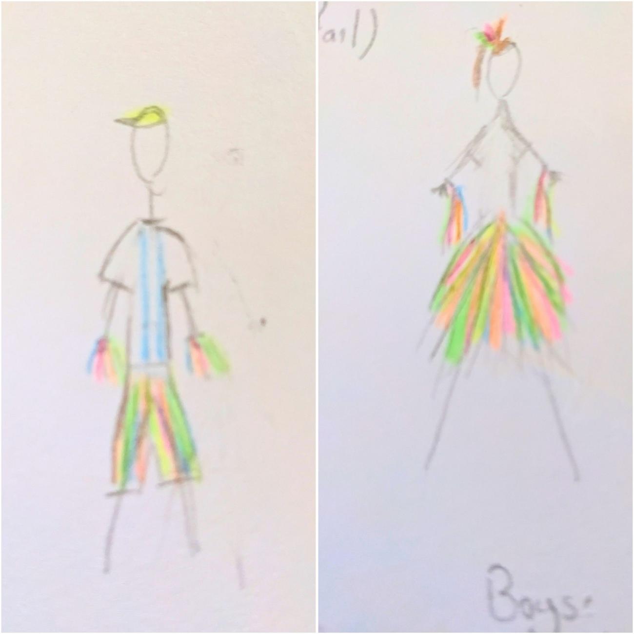 Illustrated costume designs for a boy and a girl, each wearing a white top and shoes, and colourful shorts and skirt, cap and wristbands