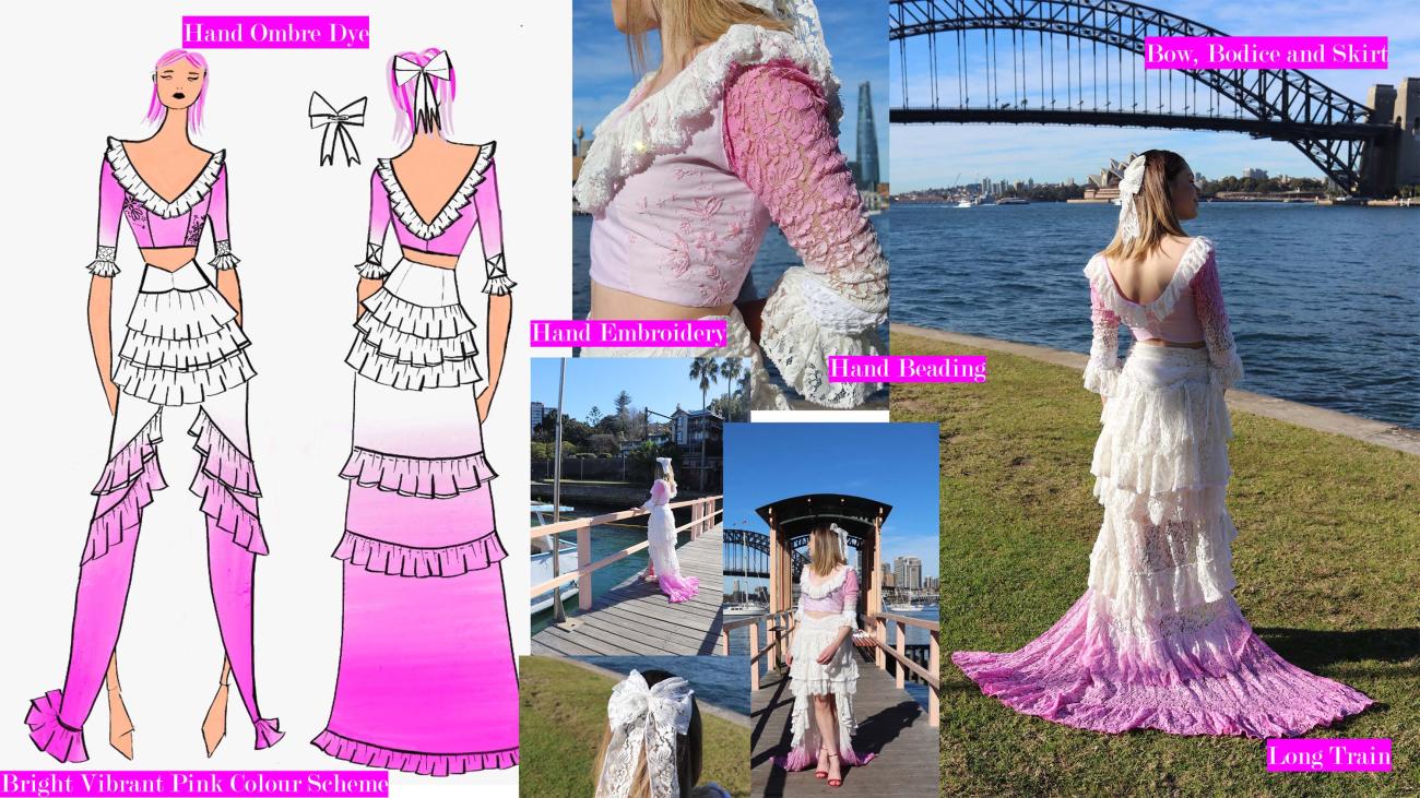Illustrations and photos of a lacy, frilly and embroidered white dress with pink dye
