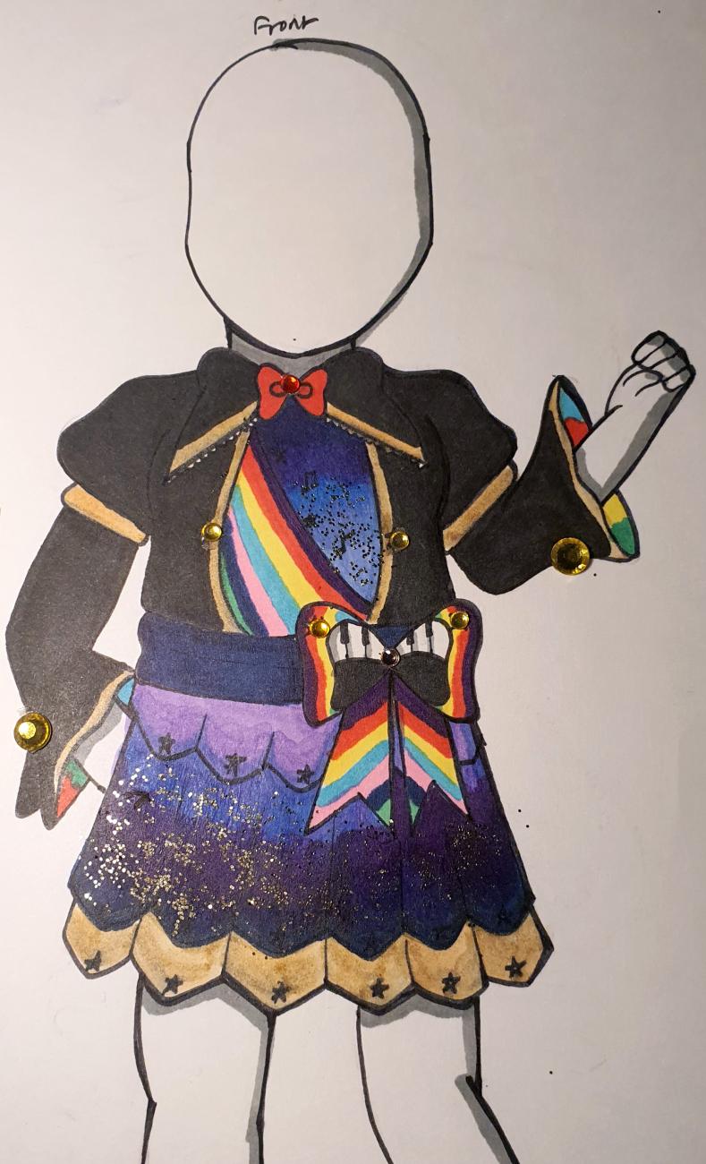 An illustration of a black dress with a multicoloured sash and bow, and golden trimming.