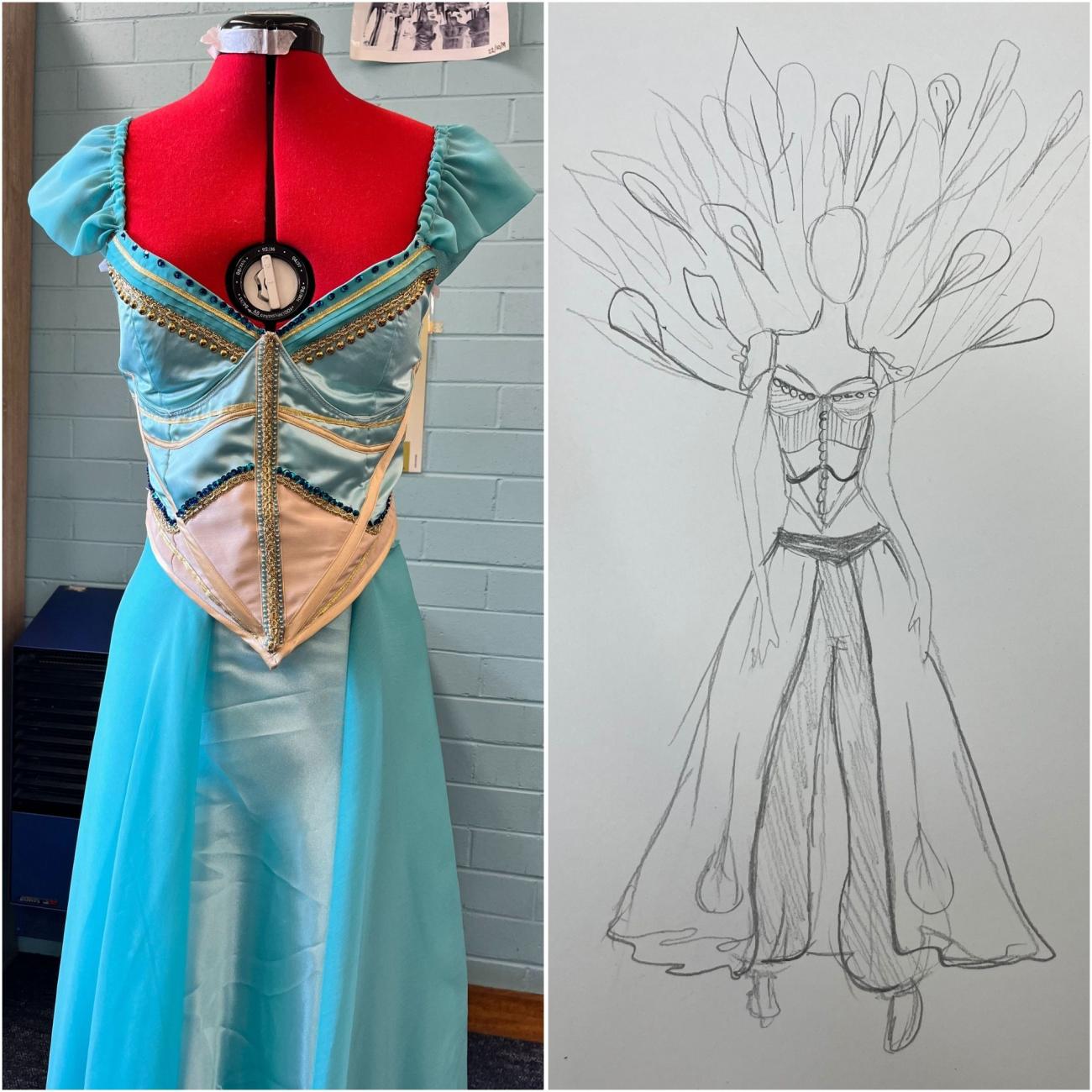 A photo and an illustration of a blue dress with a corset and long flowy skirt