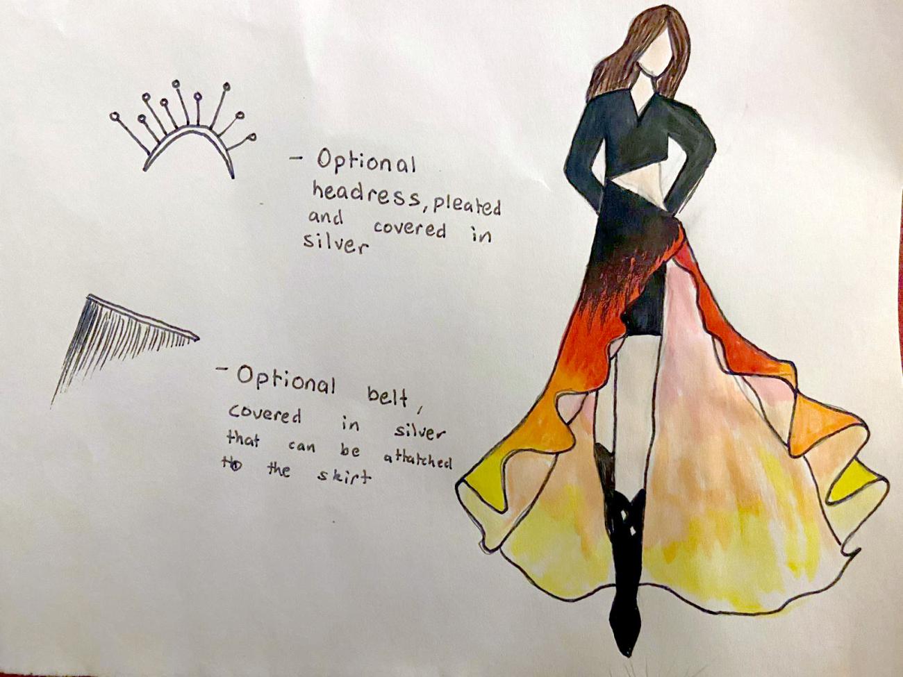 An illustration of a woman wearing a black dress with yellow, orange and red skirt that looks like flames