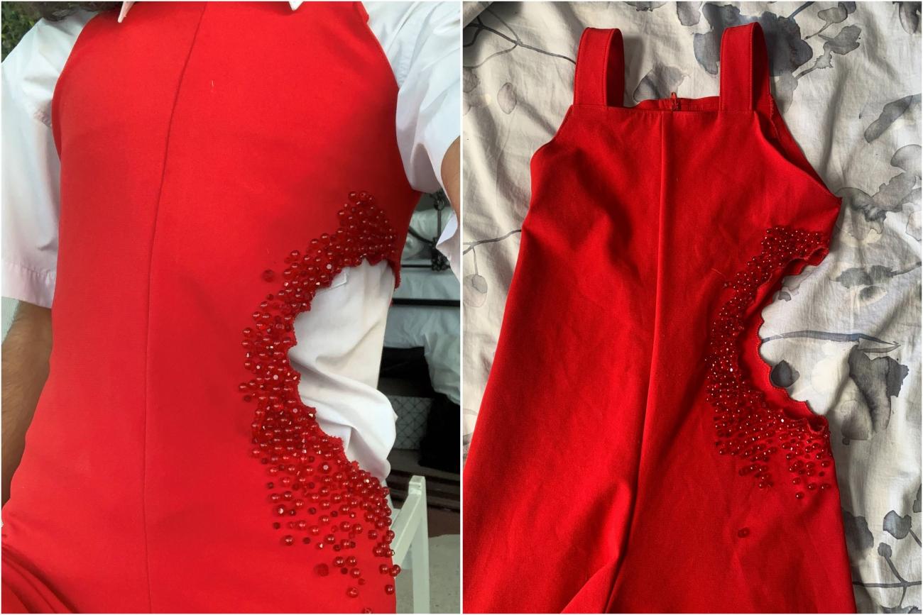 Two mid-views of a bright red overalls with a bite-shapped hole on the left side of the lower torso, surrounded by rhinestones
