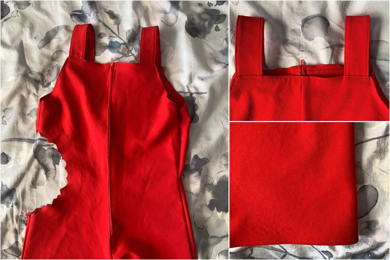 Three mid-views of a bright red overalls with a bite-shapped hole on the left side of the lower torso, surrounded by rhinestones.