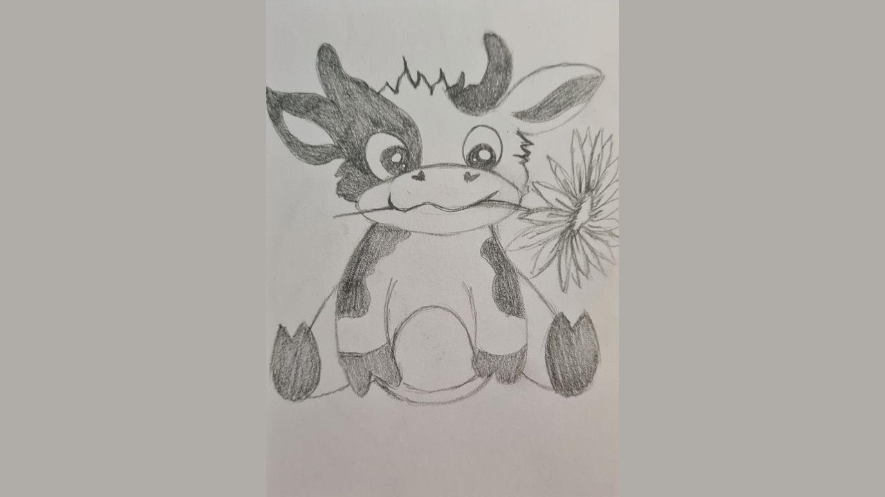 A pencil drawing of a sitting cow with a flower in its mouth.