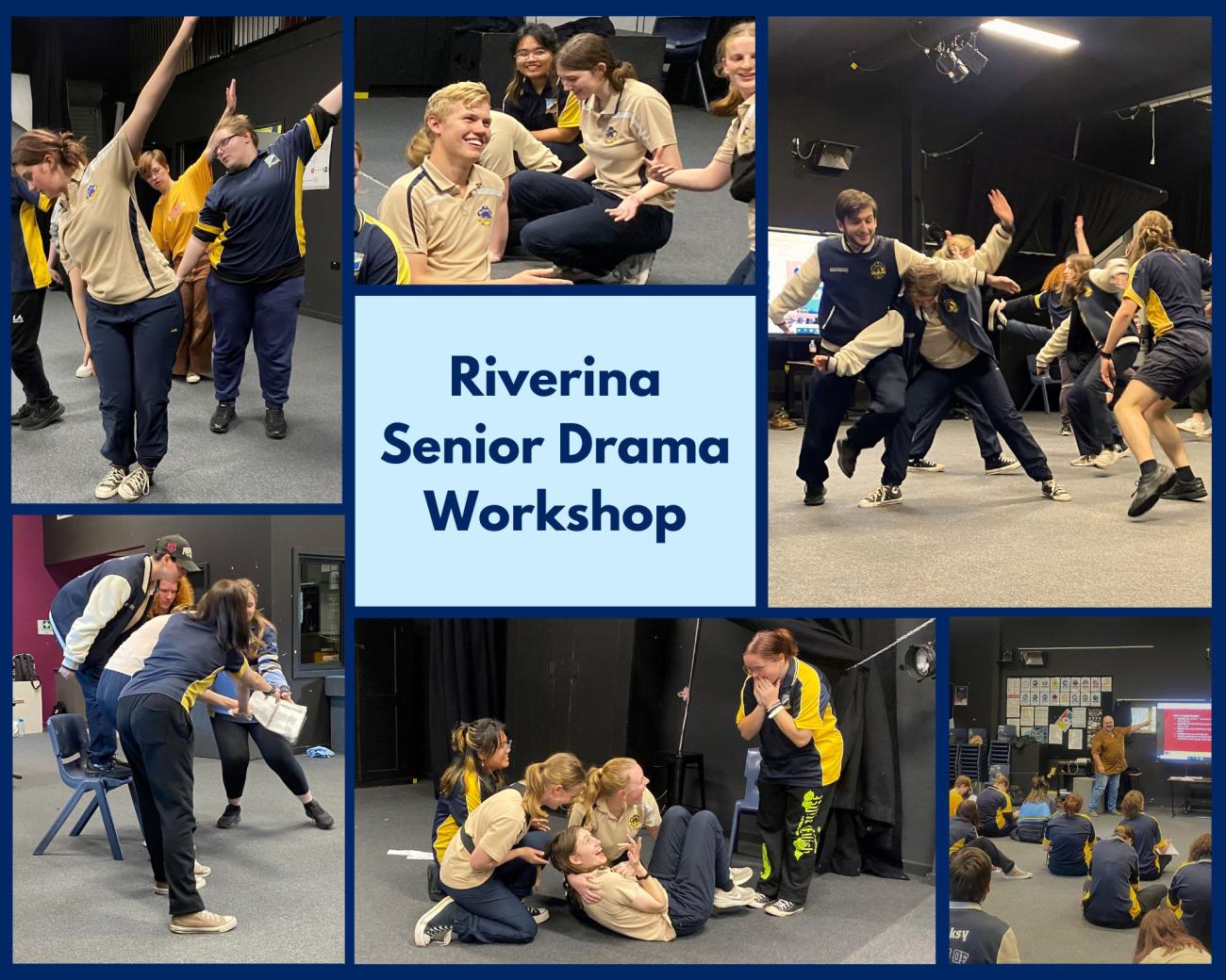 Collage of students engaging in drama workshop 2023