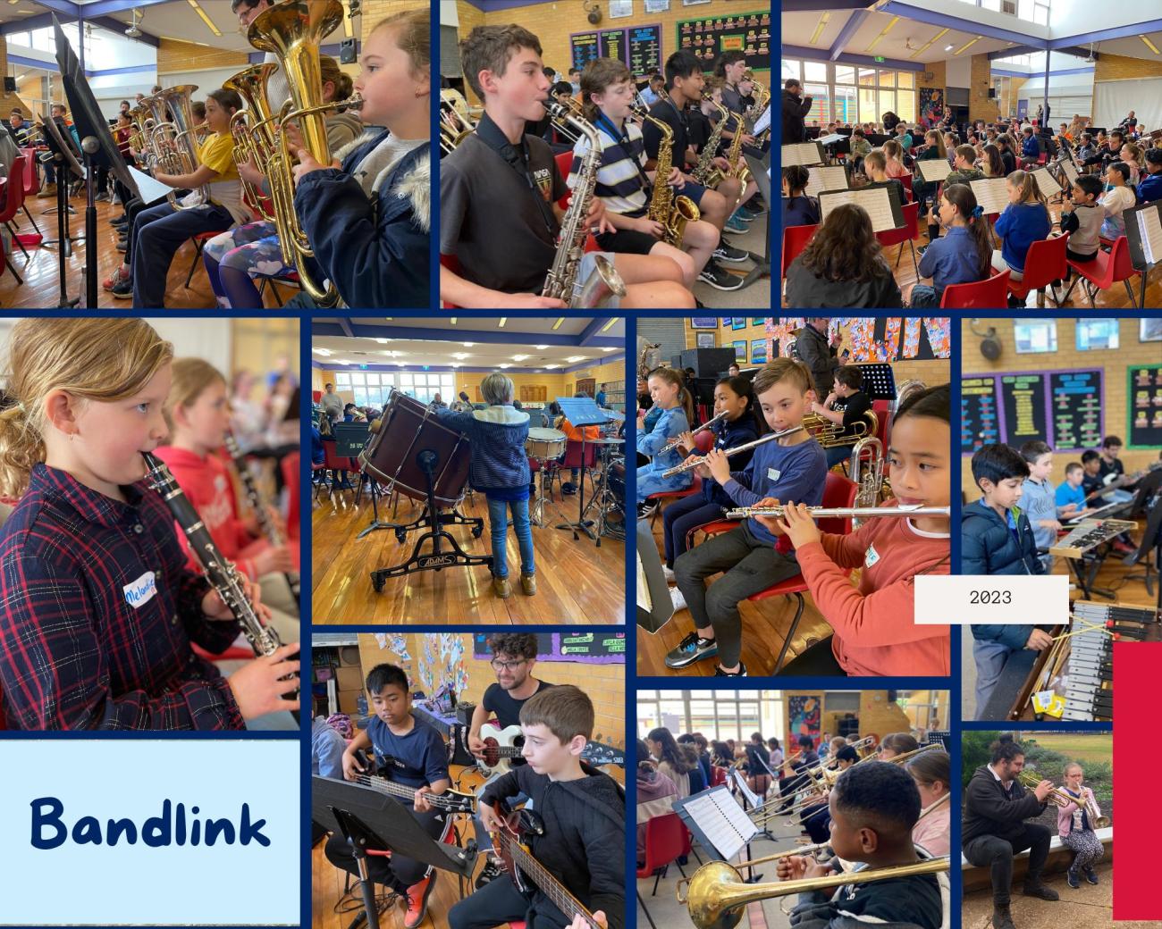 A collage of photos of students playing their musical instruments at the Riverina Bandlink workshop